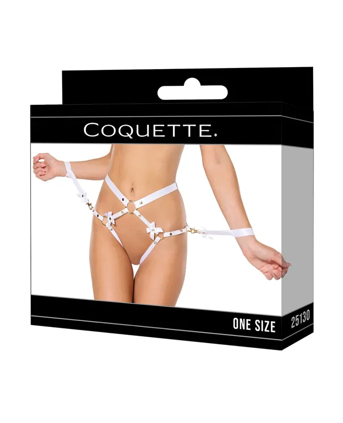 Satin Ribbon wElastic Harness Cuffs Set WhiteGold OS Coquette International Female Sex Toys